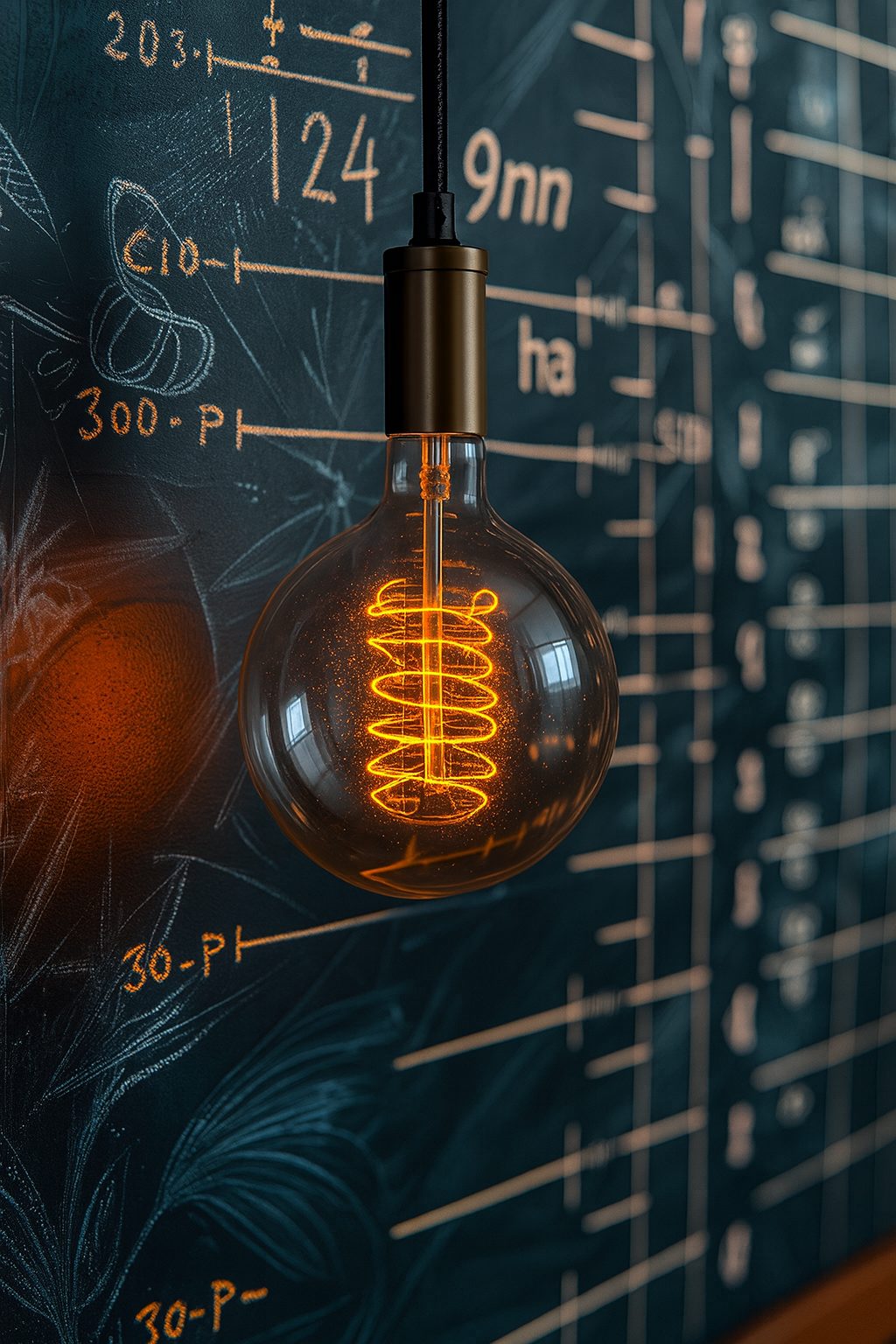 Leuchtende Glühbirne vor einer Tafel mit Formeln der Elektrotechnik