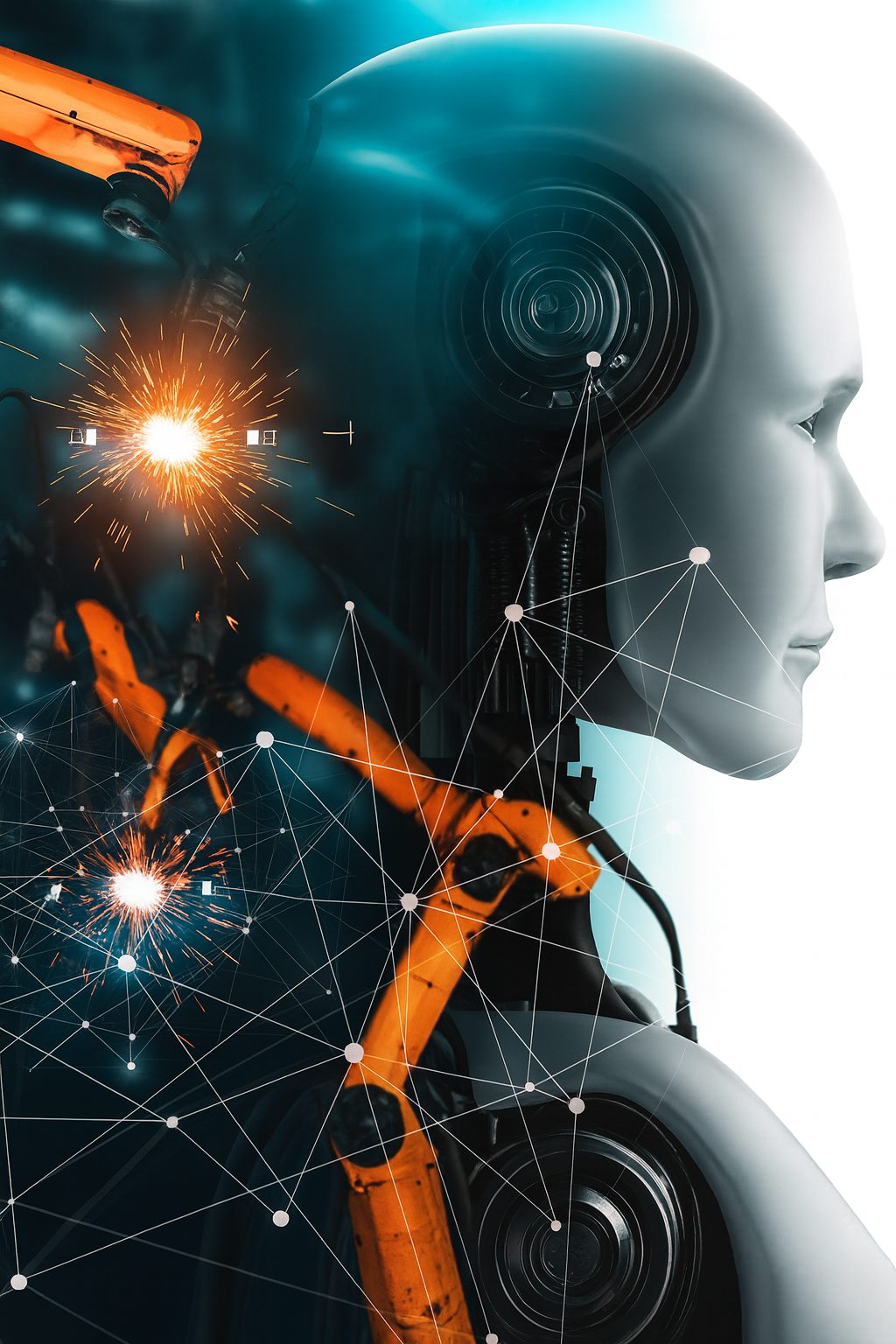 Industrieroboter und digitales Gesicht als Sinnbild für Automatisierung