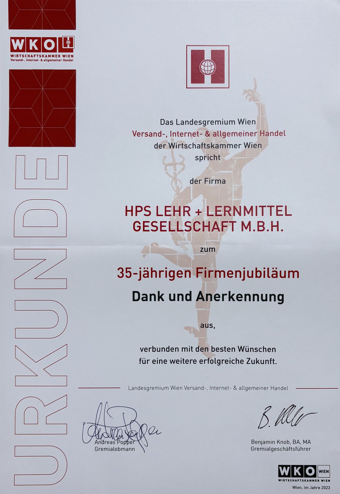 WKO Urkunde 35 Jahre HPS
